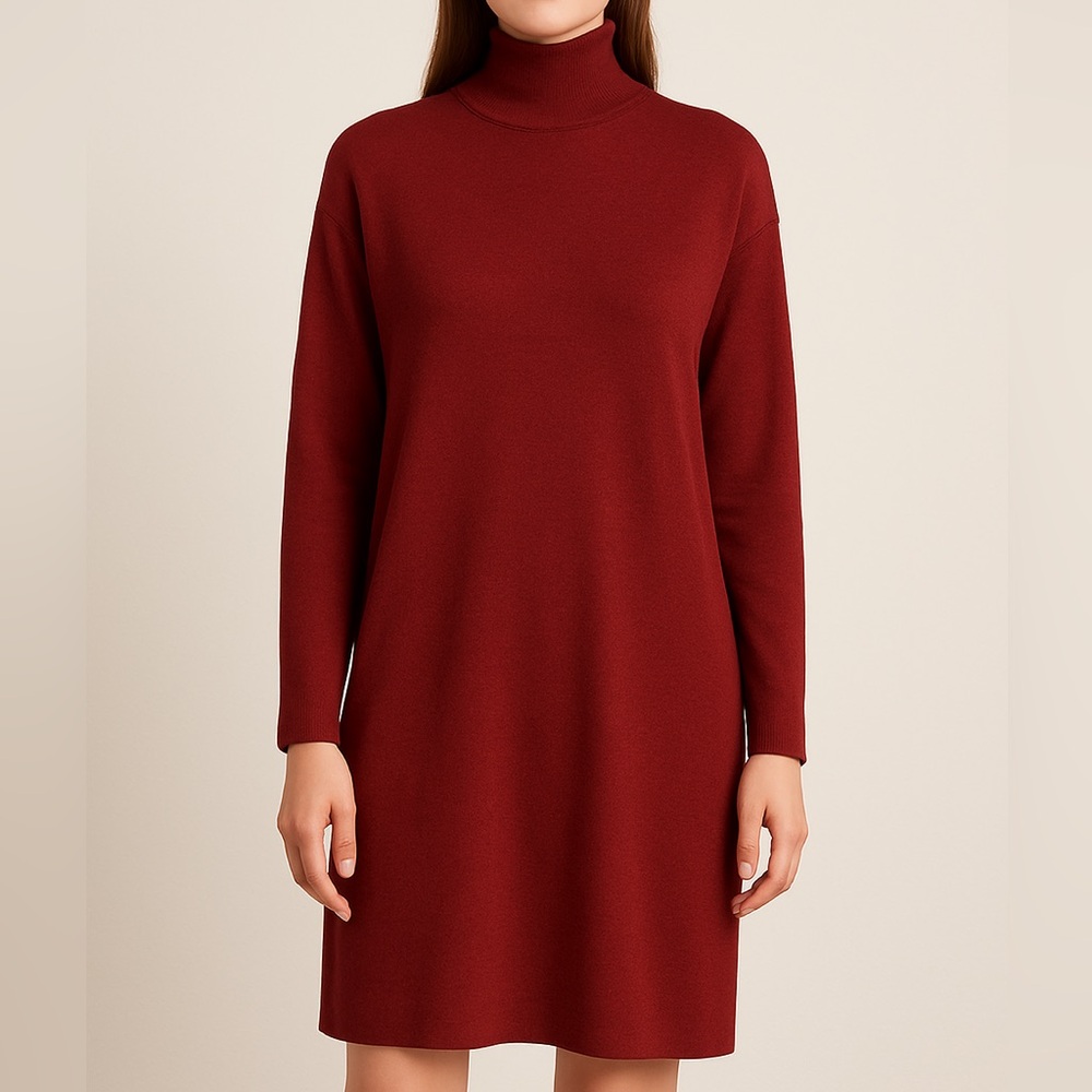 Uniqlo Burgundy Turtleneck Sweater Dress Minimalist Pullover Size M